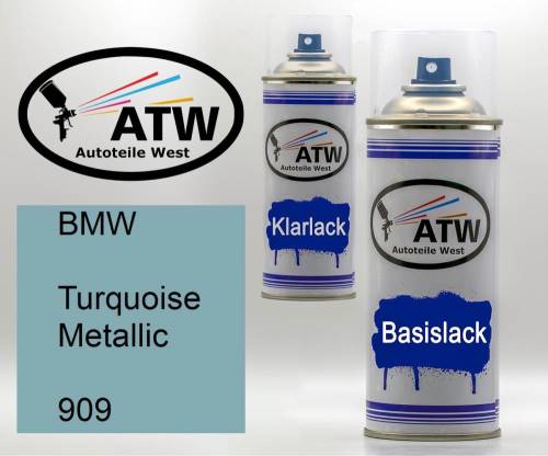 BMW, Turquoise Metallic, 909: 400ml Sprühdose + 400ml Klarlack - Set, von ATW Autoteile West.